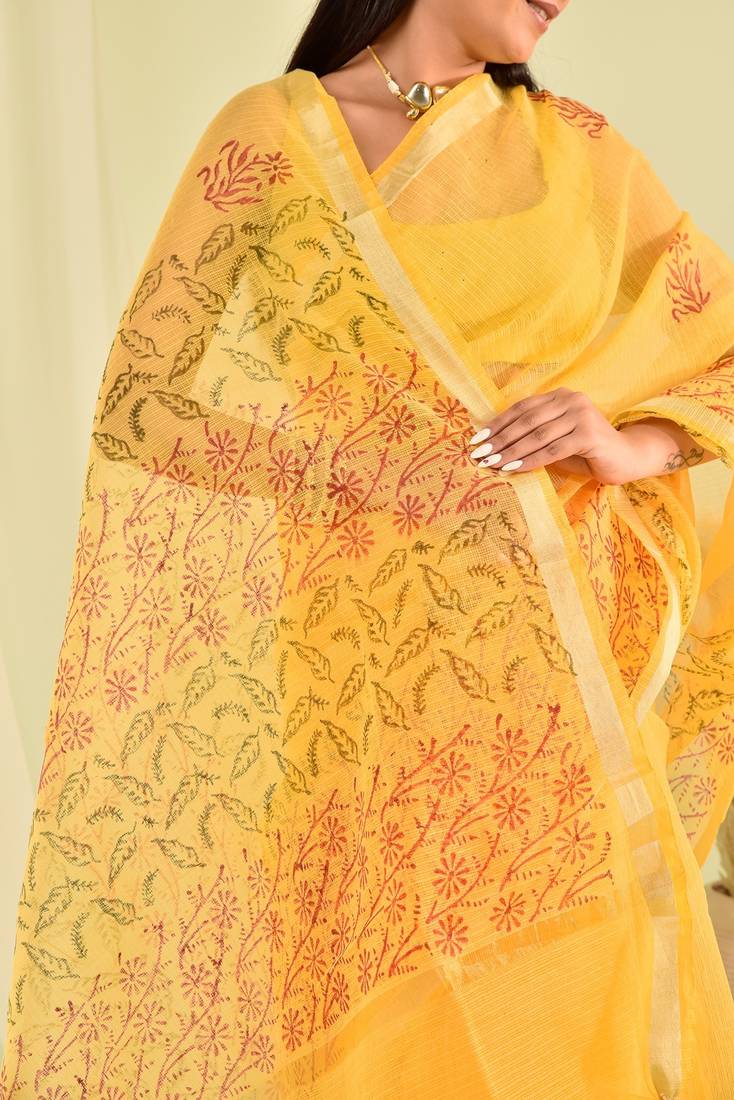 Yellow hand block printed kota doria saree