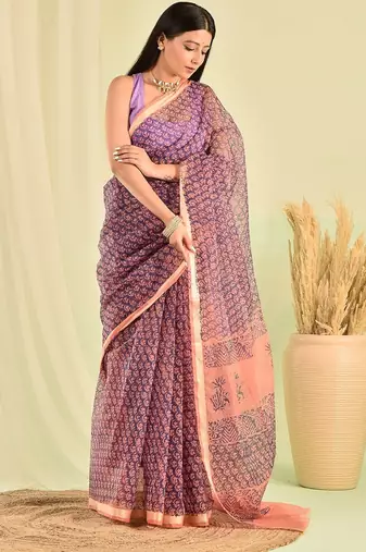 Blue hand block printed kota doria saree