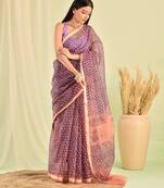 Blue hand block printed kota doria saree