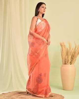 Peach hand block printed kota doria saree 2
