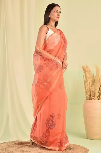 Peach hand block printed kota doria saree