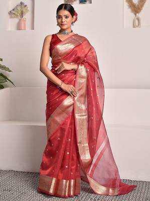 Red banarasi tissue saree with zari border and booties 1