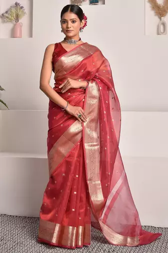 Red banarasi tissue saree with zari border and booties