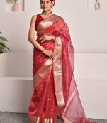 Red banarasi tissue saree with zari border and booties