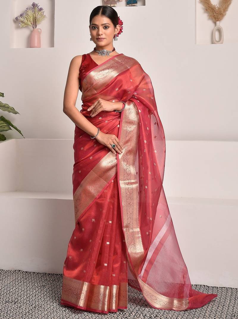 Red banarasi tissue saree with zari border and booties