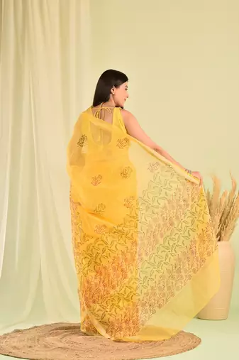 yellow hand block printed chanderi saree with kota blouse