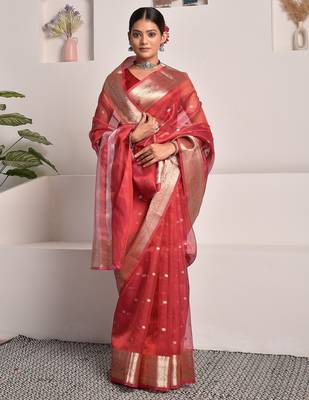 Red banarasi tissue saree with zari border and booties 2
