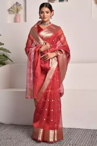 Red banarasi tissue saree with zari border and booties