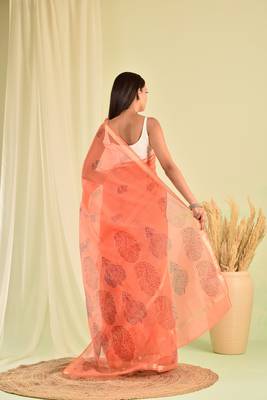 Peach hand block printed kota doria saree 3