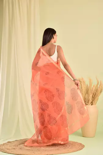 Peach hand block printed kota doria saree