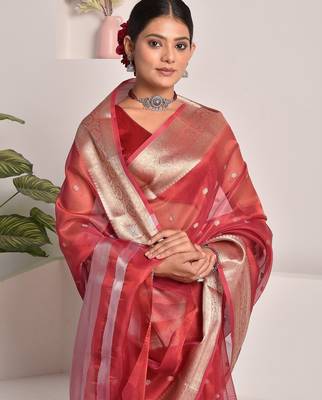 Red banarasi tissue saree with zari border and booties 3