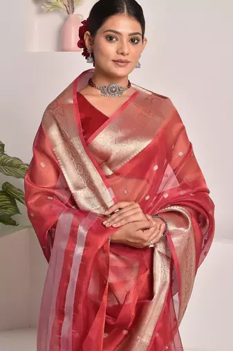 Red banarasi tissue saree with zari border and booties
