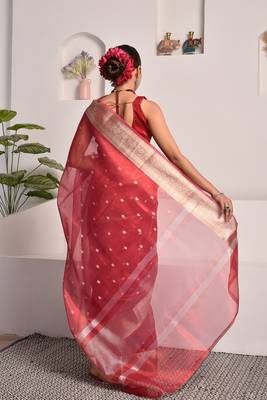 Red banarasi tissue saree with zari border and booties 4