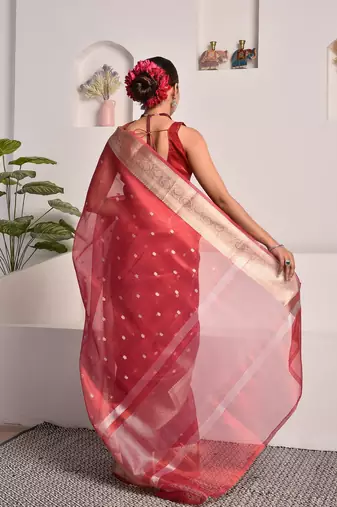Red banarasi tissue saree with zari border and booties