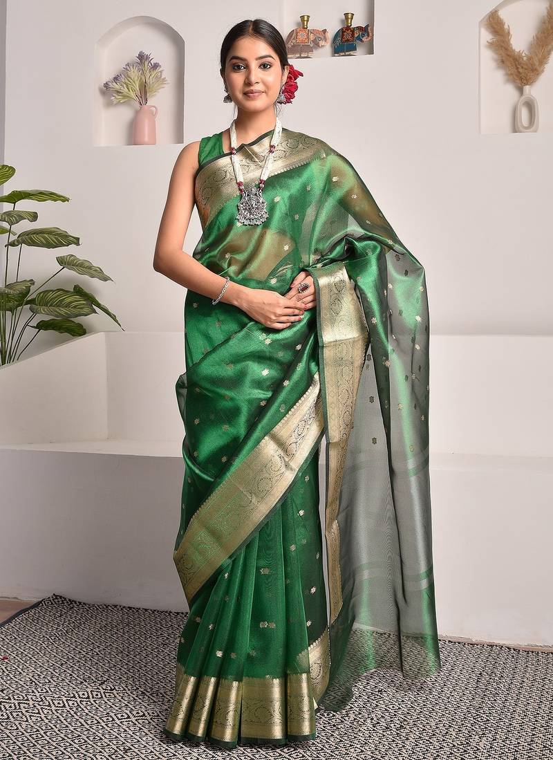 Green wedding wear banarasi tissue saree