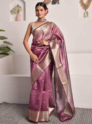 Wine banarasi tissue saree with zari booties 1