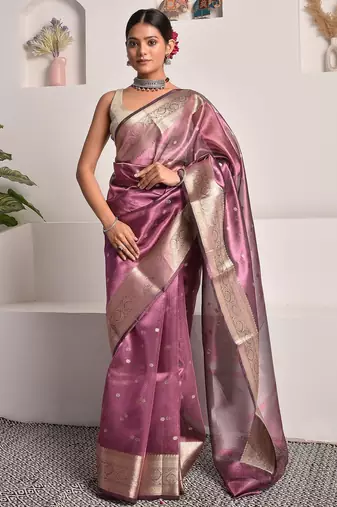 Wine banarasi tissue saree with zari booties