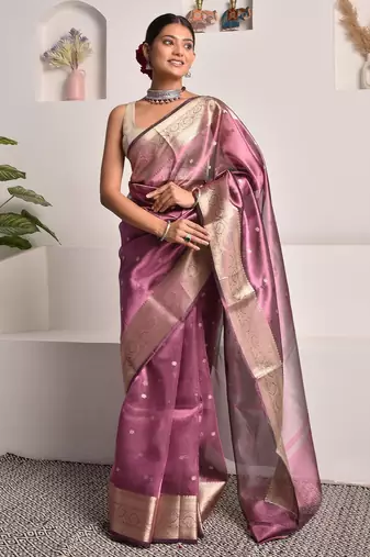 Wine banarasi tissue saree with zari booties