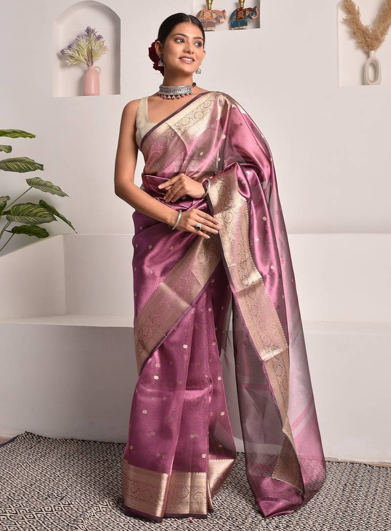 Wine banarasi tissue saree with zari booties