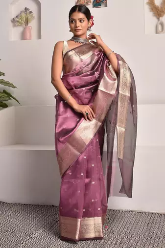 Wine banarasi tissue saree with zari booties
