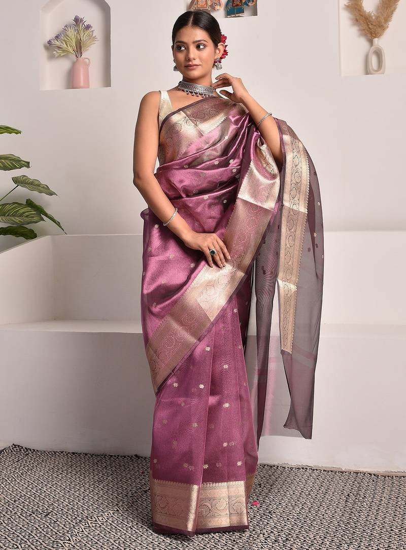 Wine banarasi tissue saree with zari booties