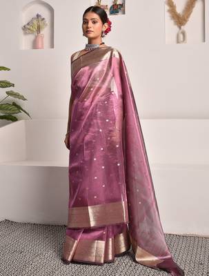 Wine banarasi tissue saree with zari booties 4