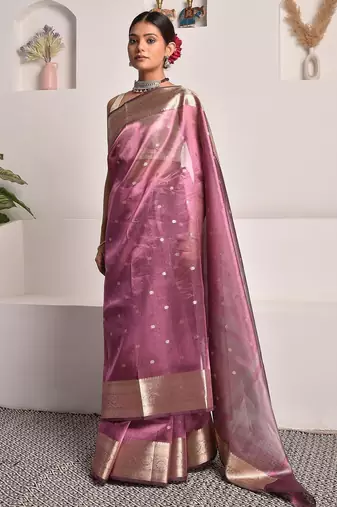 Wine banarasi tissue saree with zari booties
