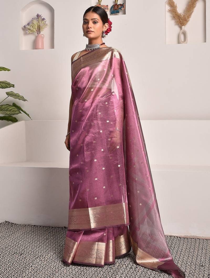Wine banarasi tissue saree with zari booties