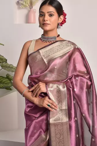 Wine banarasi tissue saree with zari booties
