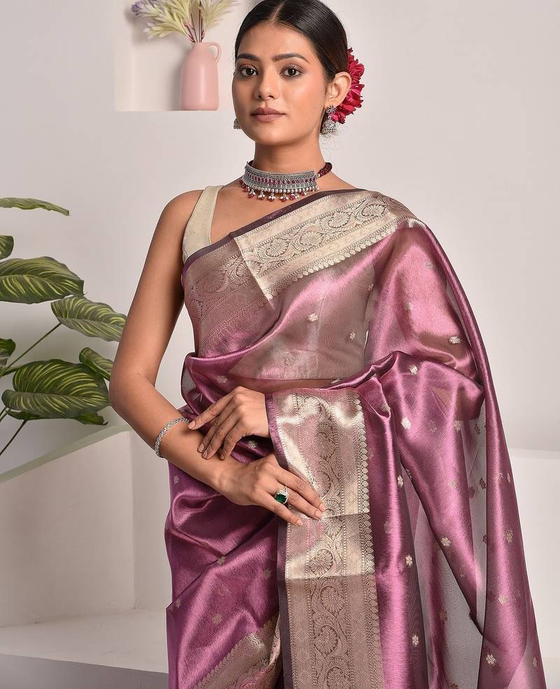 Wine banarasi tissue saree with zari booties