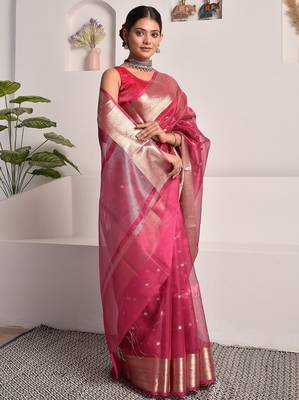 Pink festive banarasi tissue saree with zari work 2