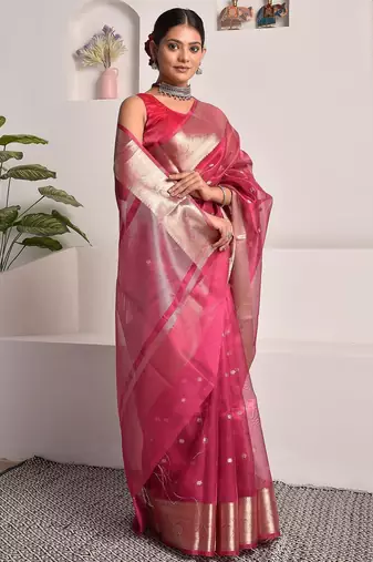 Pink festive banarasi tissue saree with zari work