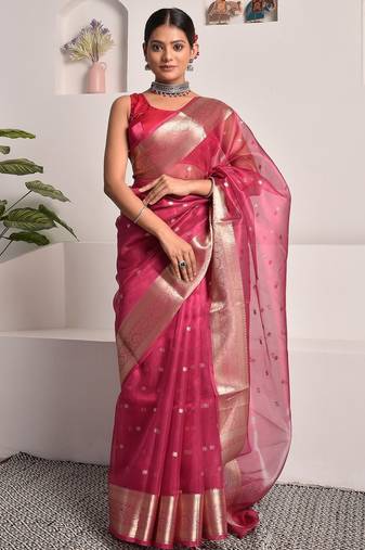 Pink festive banarasi tissue saree with zari work
