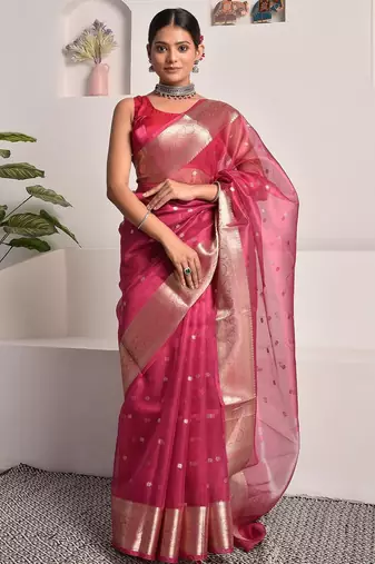 Pink festive banarasi tissue saree with zari work