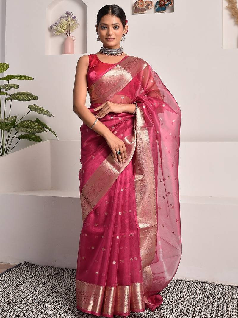 Pink festive banarasi tissue saree with zari work