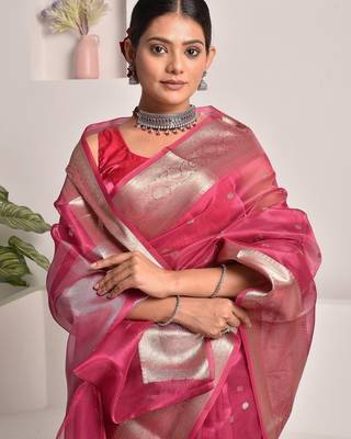 Pink festive banarasi tissue saree with zari work 3