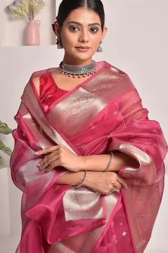 Pink festive banarasi tissue saree with zari work