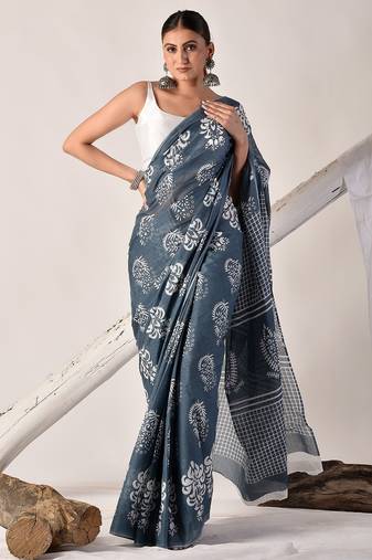 Grey hand block printed pure cotton saree