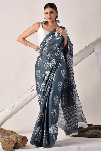 Grey hand block printed pure cotton saree