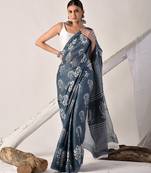 Grey hand block printed pure cotton saree