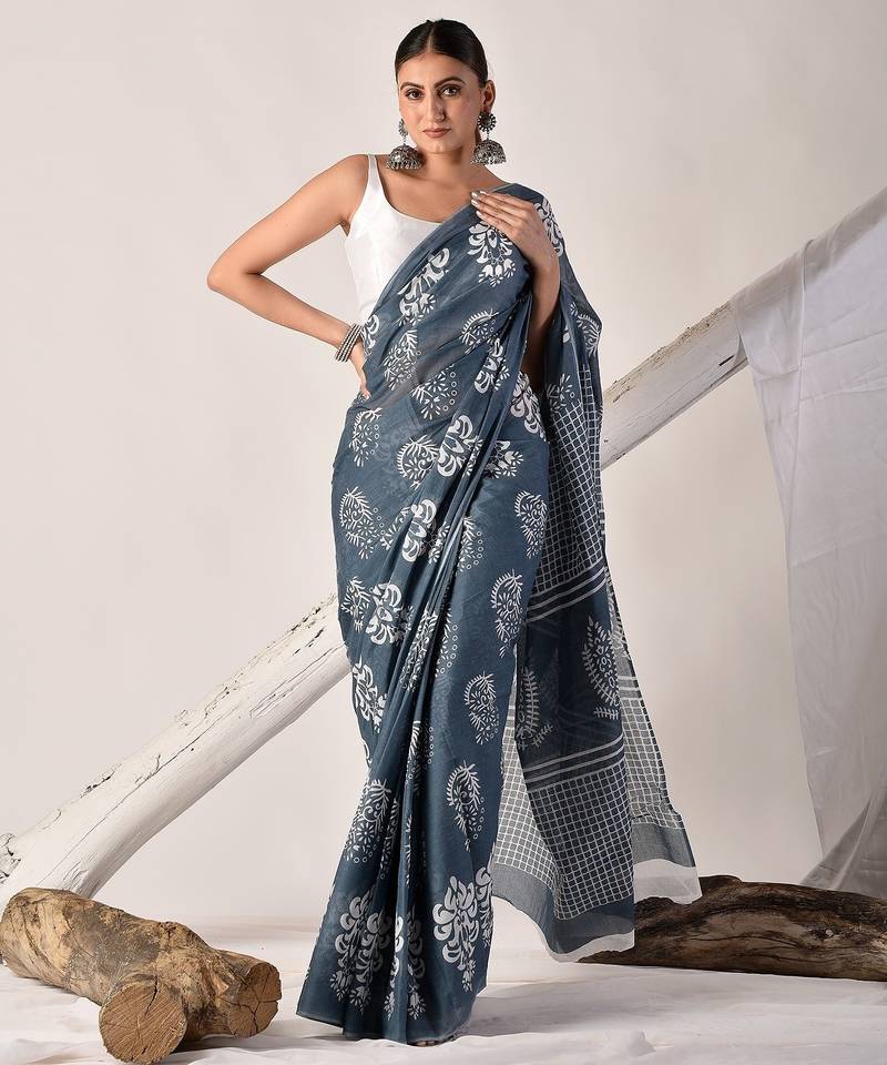 Grey hand block printed pure cotton saree