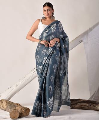 Grey hand block printed pure cotton saree 2
