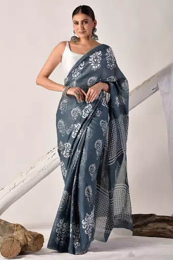 Grey hand block printed pure cotton saree