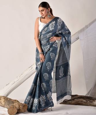 Grey hand block printed pure cotton saree 3