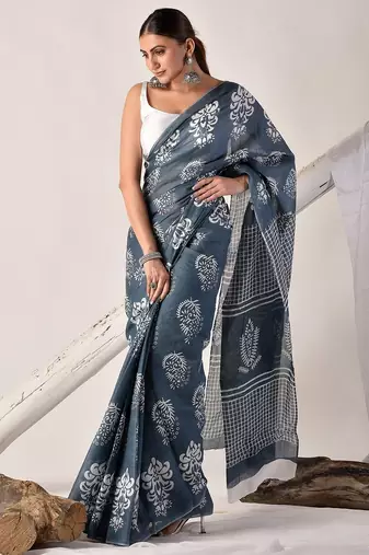 Grey hand block printed pure cotton saree