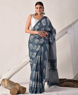 Grey hand block printed pure cotton saree 4