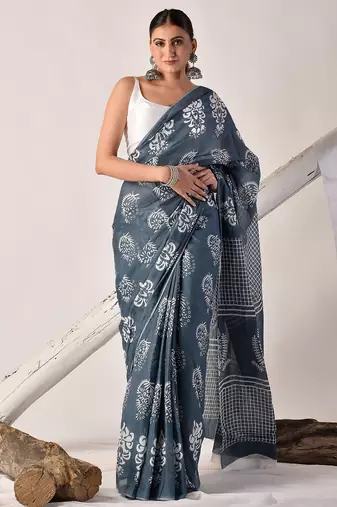 Grey hand block printed pure cotton saree