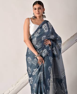 Grey hand block printed pure cotton saree 5