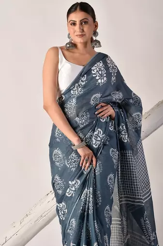Grey hand block printed pure cotton saree