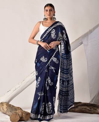 Blue hand block printed pure cotton saree 1